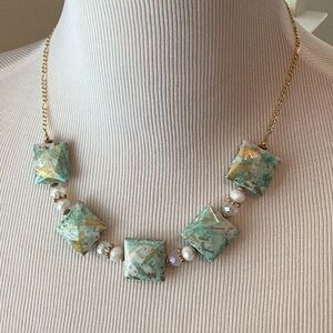 Green and Gold Necklace with Square Stones and Pearl Accents